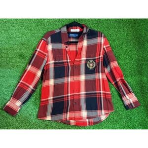 Polo Ralph Lauren Women's Plaid Flannel Shirt Crest Emblem Red Blue Size S‎